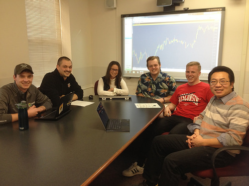 UW-Madison participants in the CME Group Trading Challenge include (left to right) Jackson Remer, Brad Jaeger, Carly Edge, Cory Epprecht and Sam Seid, pictured here with UW-Madison agricultural and applied economics assistant professor Sheldon Du (far right). Team members not pictured: Nicholas Barber and Hannah Fritsch. Photo courtesy of Sheldon Du.