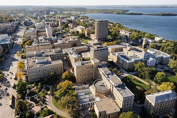 The central University of Wisconsin-Madison campus is pictured in an aerial view (Photo by Jeff Miller/UW-Madison)