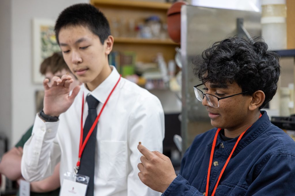 Two men standing next to each other, both looking at an insect in their hands.